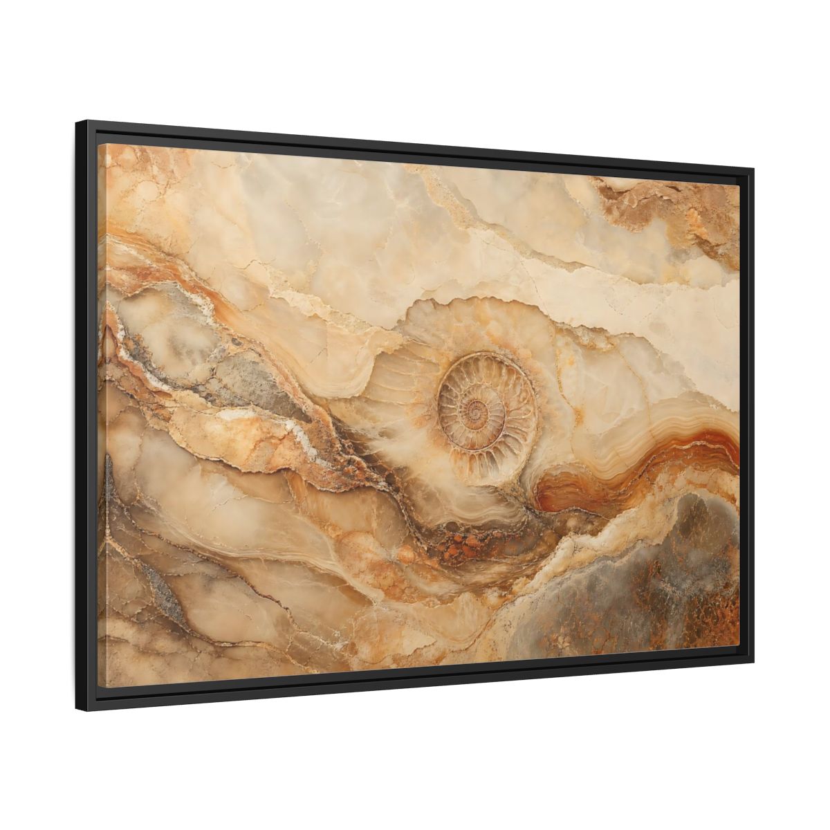 Side Mockup 13. Nature Ammonite Fossil Brown And Beige shown as stretched canvas wall art