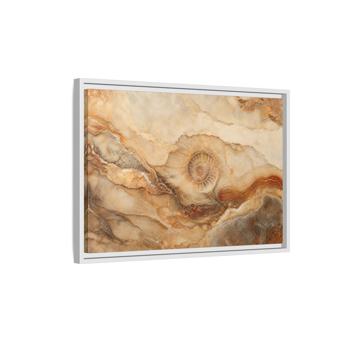 Side Mockup 1. Nature Ammonite Fossil Brown And Beige shown as stretched canvas wall art