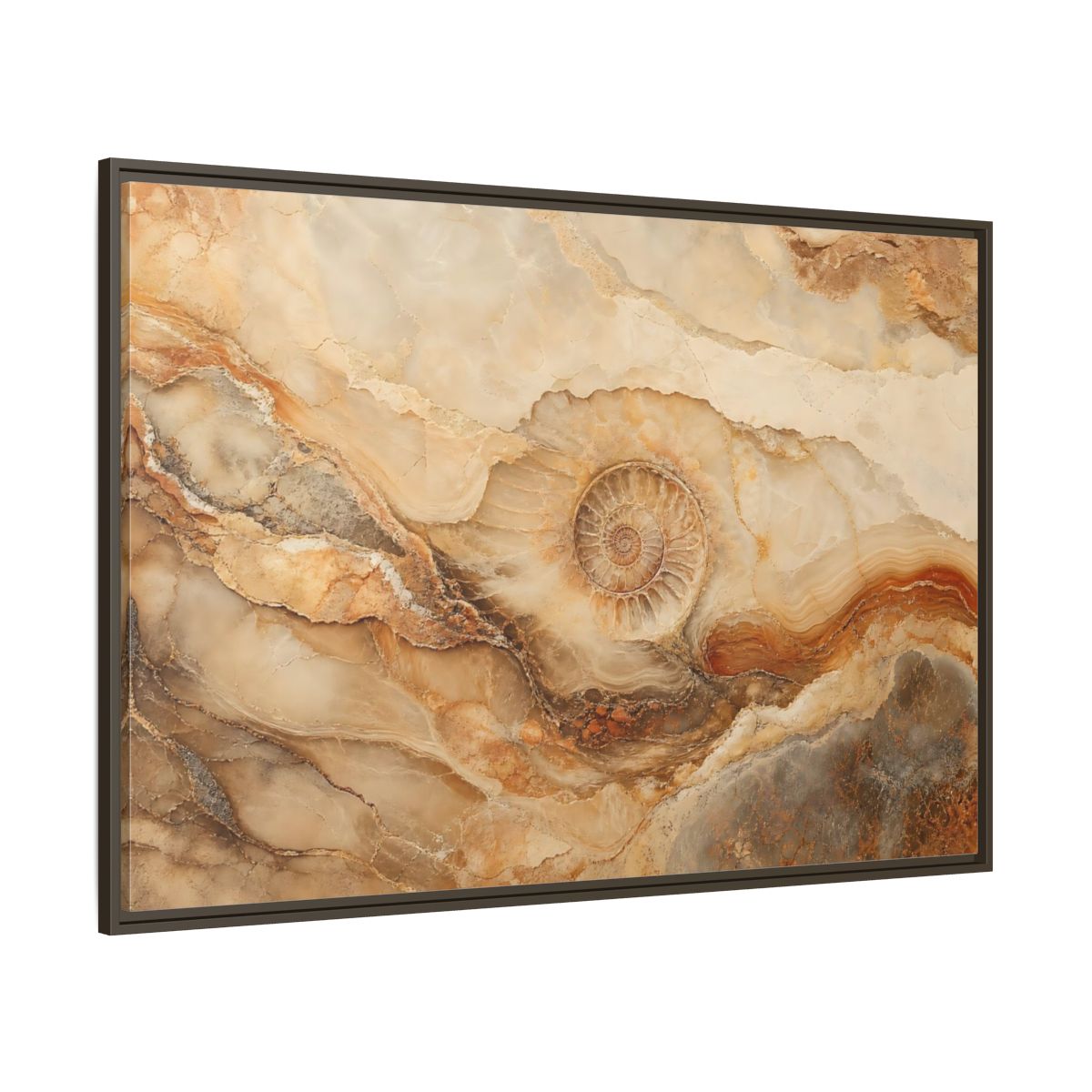 Side Mockup 8. Nature Ammonite Fossil Brown And Beige shown as stretched canvas wall art