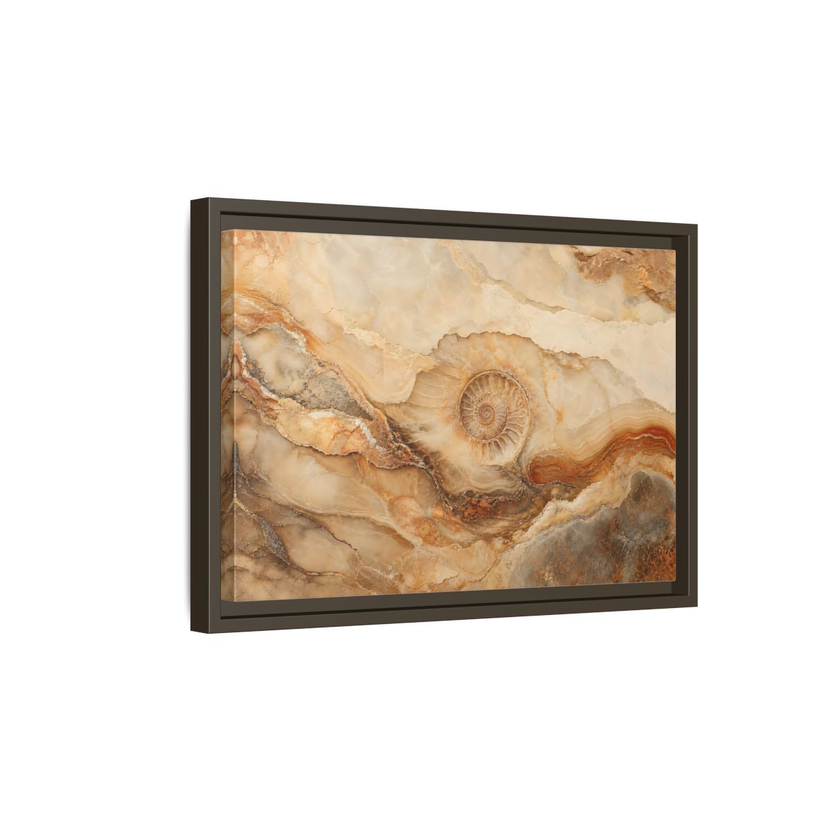 Side Mockup 5. Nature Ammonite Fossil Brown And Beige shown as stretched canvas wall art