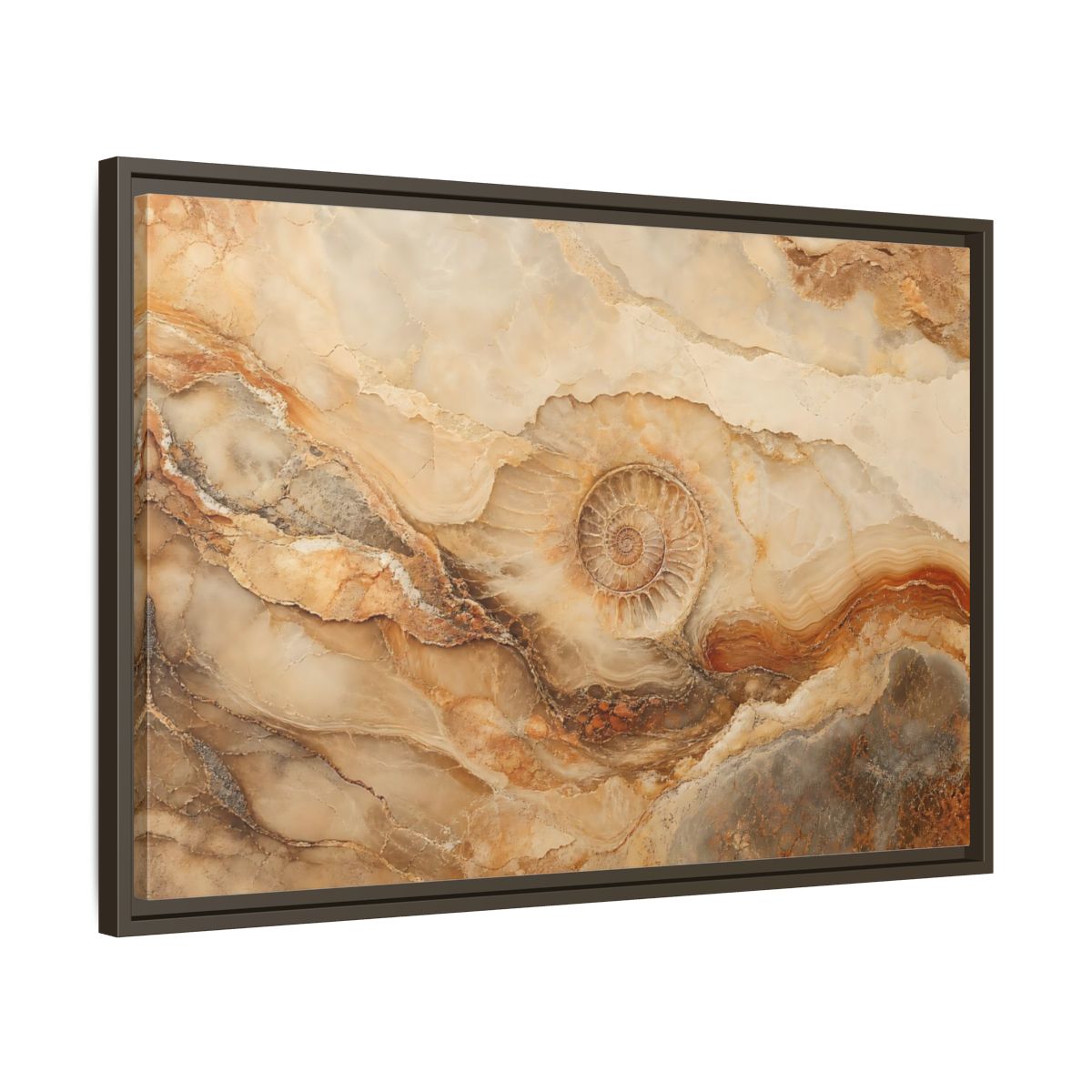 Side Mockup 11. Nature Ammonite Fossil Brown And Beige shown as stretched canvas wall art