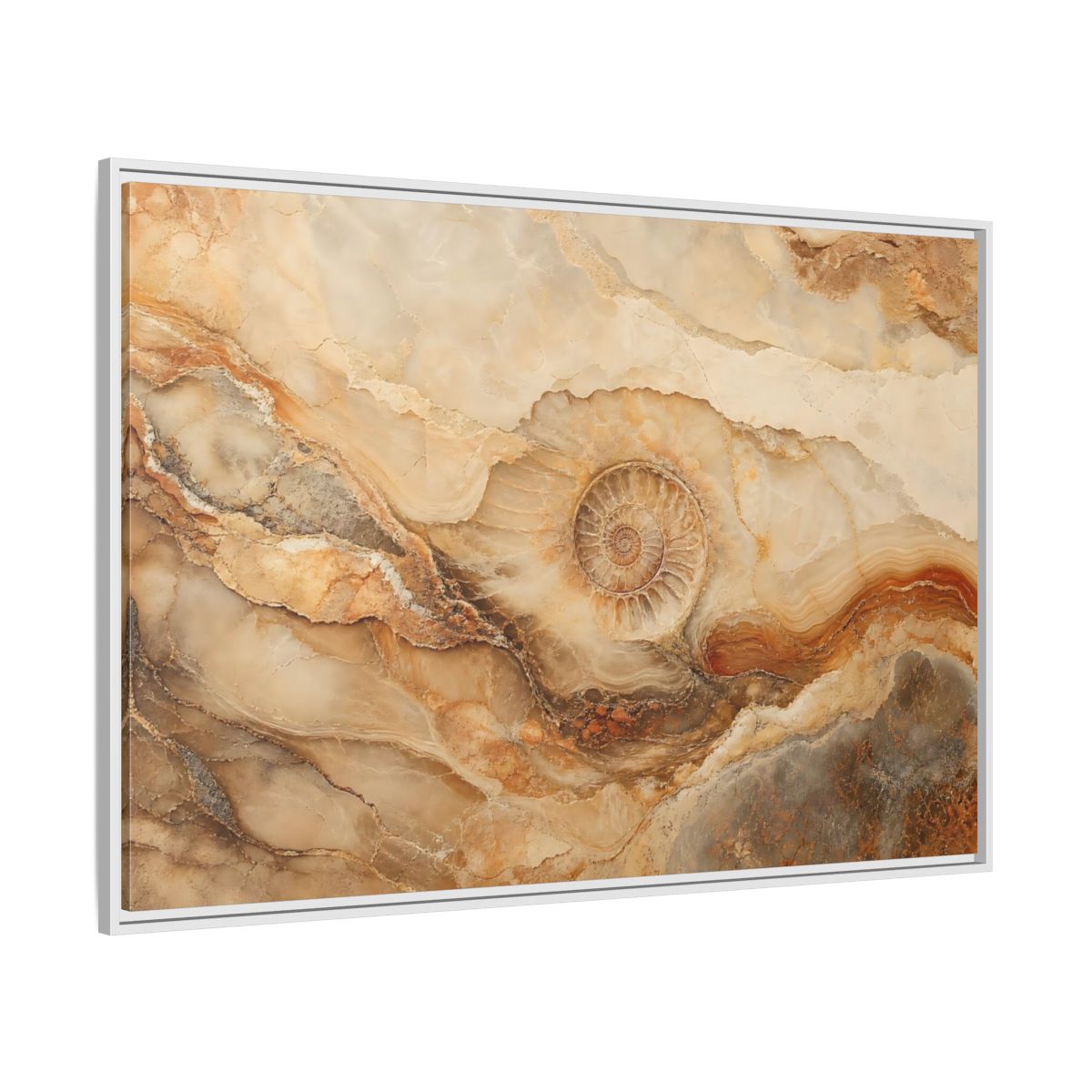 Side Mockup 7. Nature Ammonite Fossil Brown And Beige shown as stretched canvas wall art