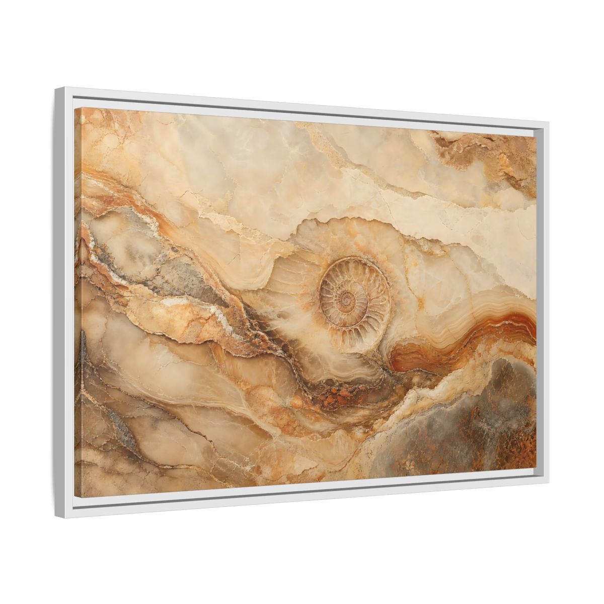 Side Mockup 10. Nature Ammonite Fossil Brown And Beige shown as stretched canvas wall art