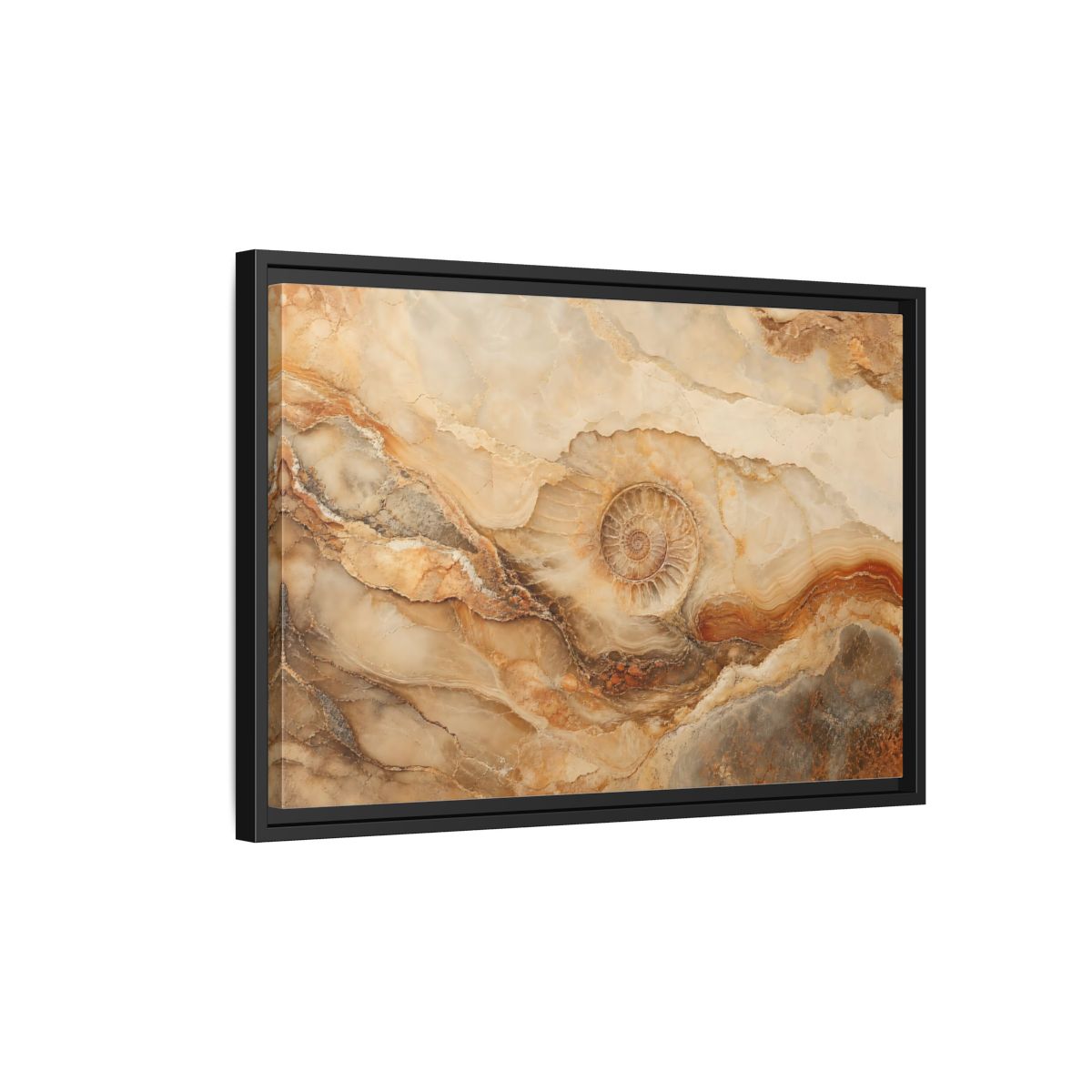 Side Mockup 3. Nature Ammonite Fossil Brown And Beige shown as stretched canvas wall art