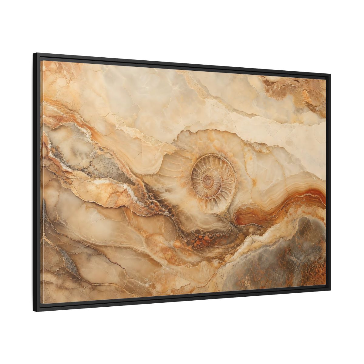 Side Mockup 12. Nature Ammonite Fossil Brown And Beige shown as stretched canvas wall art