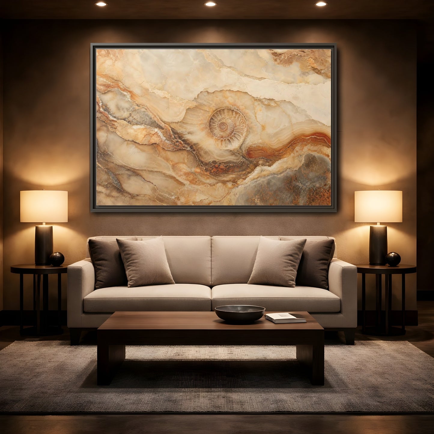 Mockup 2. Nature Ammonite Fossil Brown And Beige shown as stretched canvas wall art