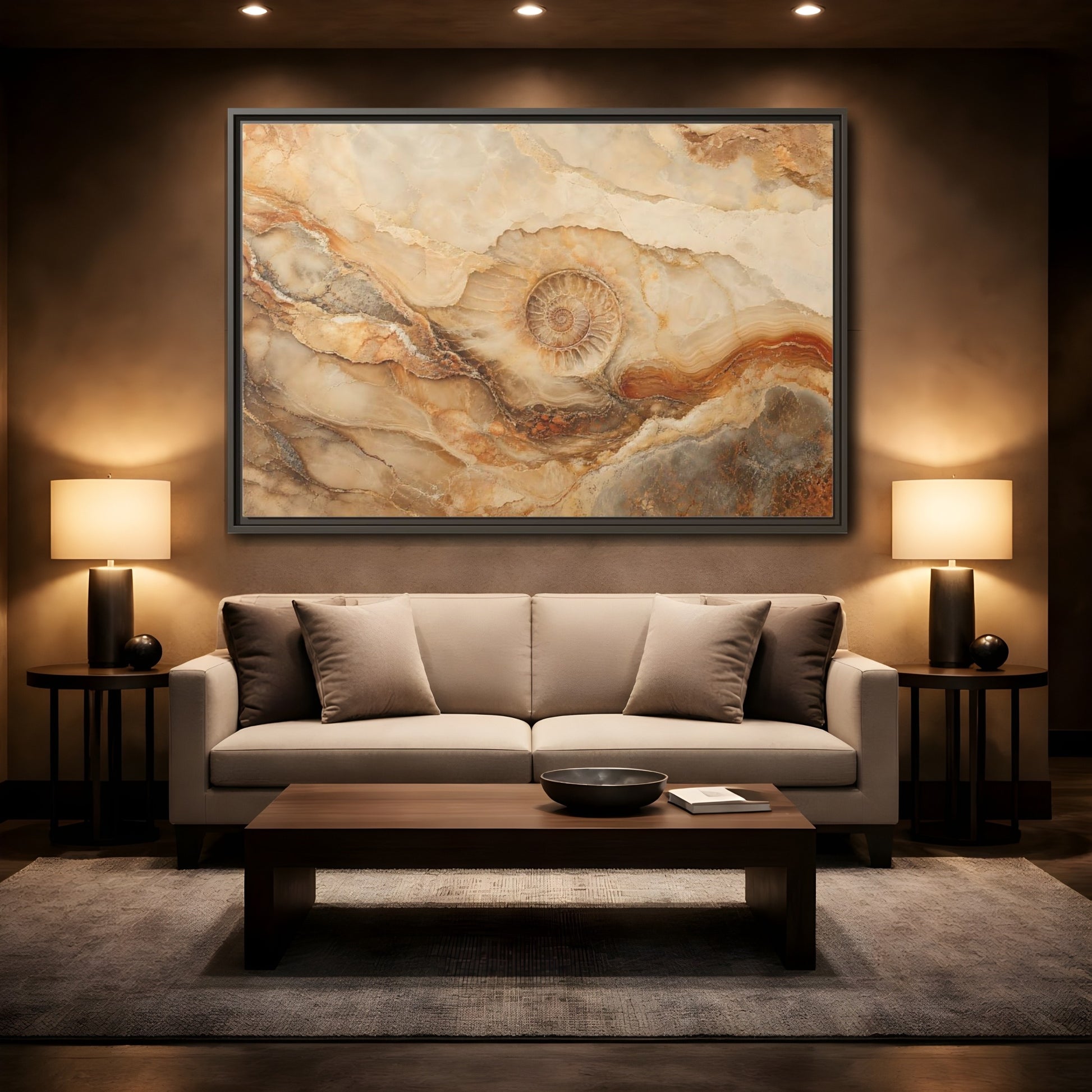 Mockup 2. Nature Ammonite Fossil Brown And Beige shown as stretched canvas wall art