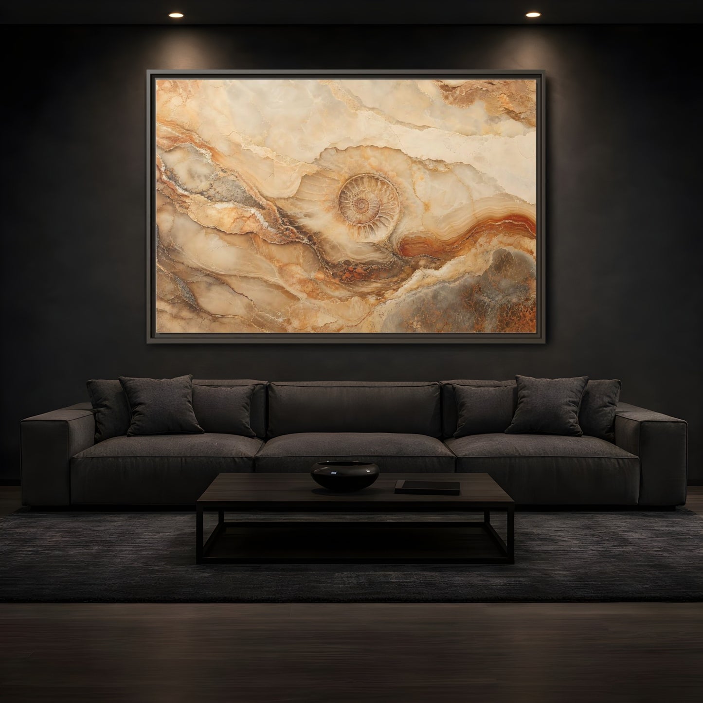 Mockup 3. Nature Ammonite Fossil Brown And Beige shown as stretched canvas wall art