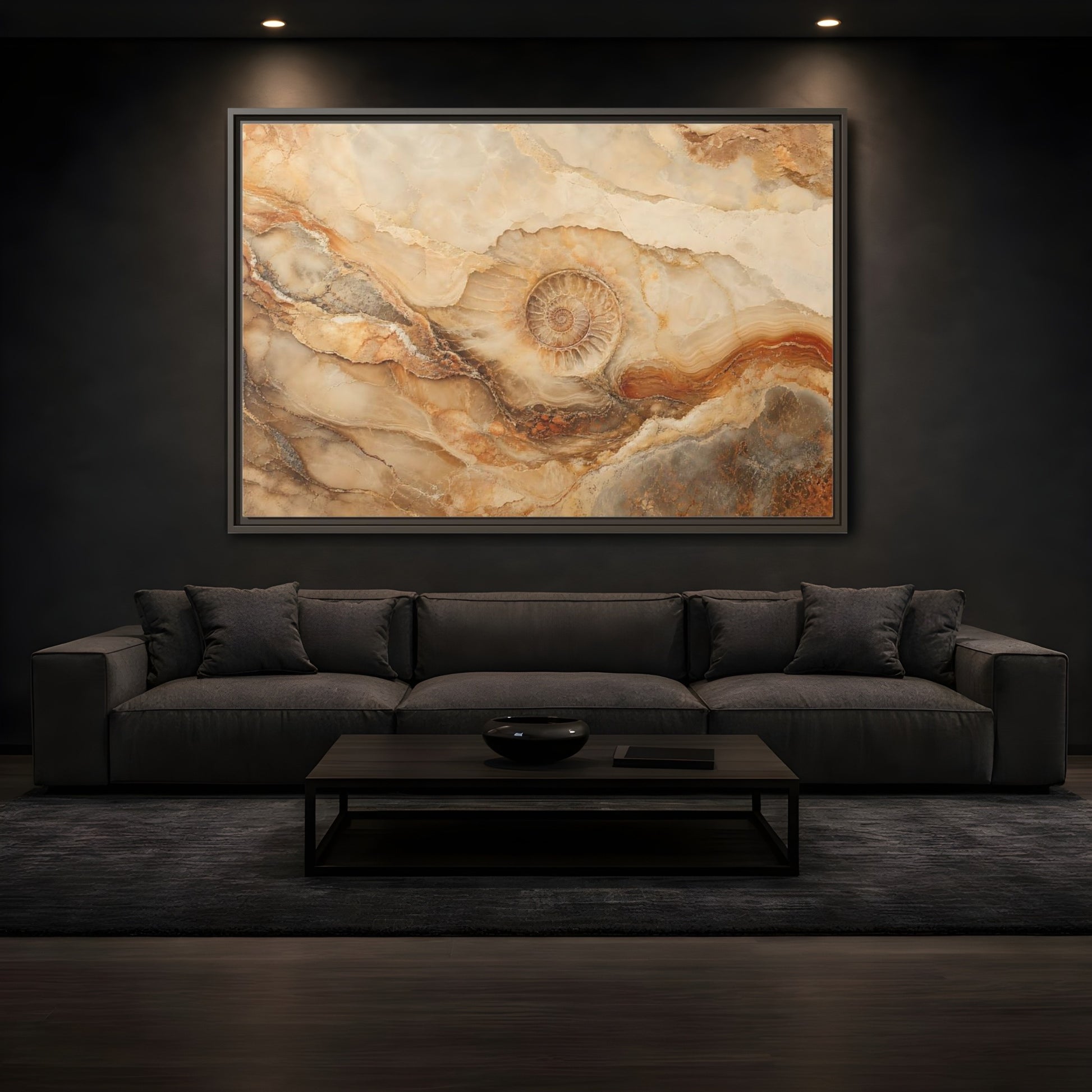 Mockup 3. Nature Ammonite Fossil Brown And Beige shown as stretched canvas wall art