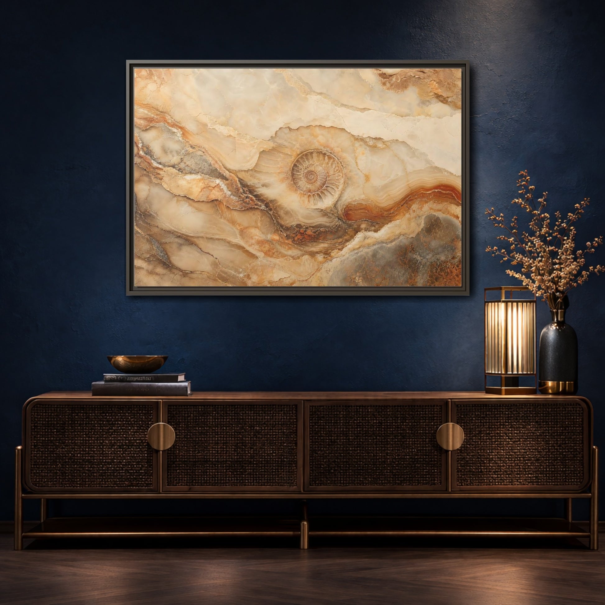 Mockup 4. Nature Ammonite Fossil Brown And Beige shown as stretched canvas wall art