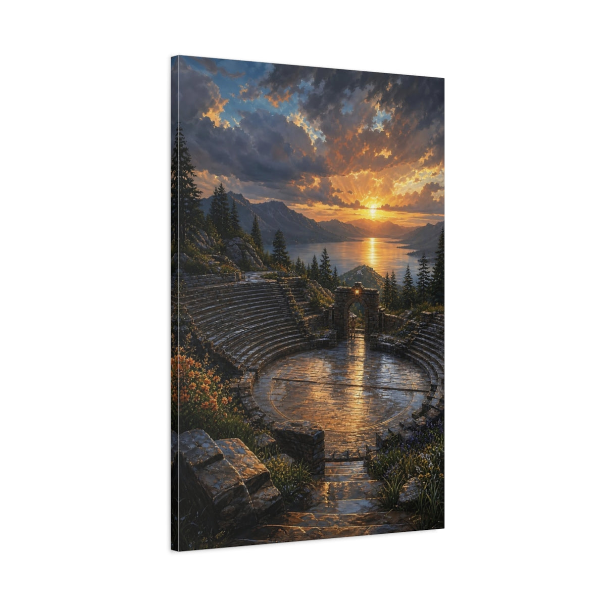 Main Mockup. Nature Ancient Amphitheater Golden Sunset Amphitheater shown as stretched canvas wall art