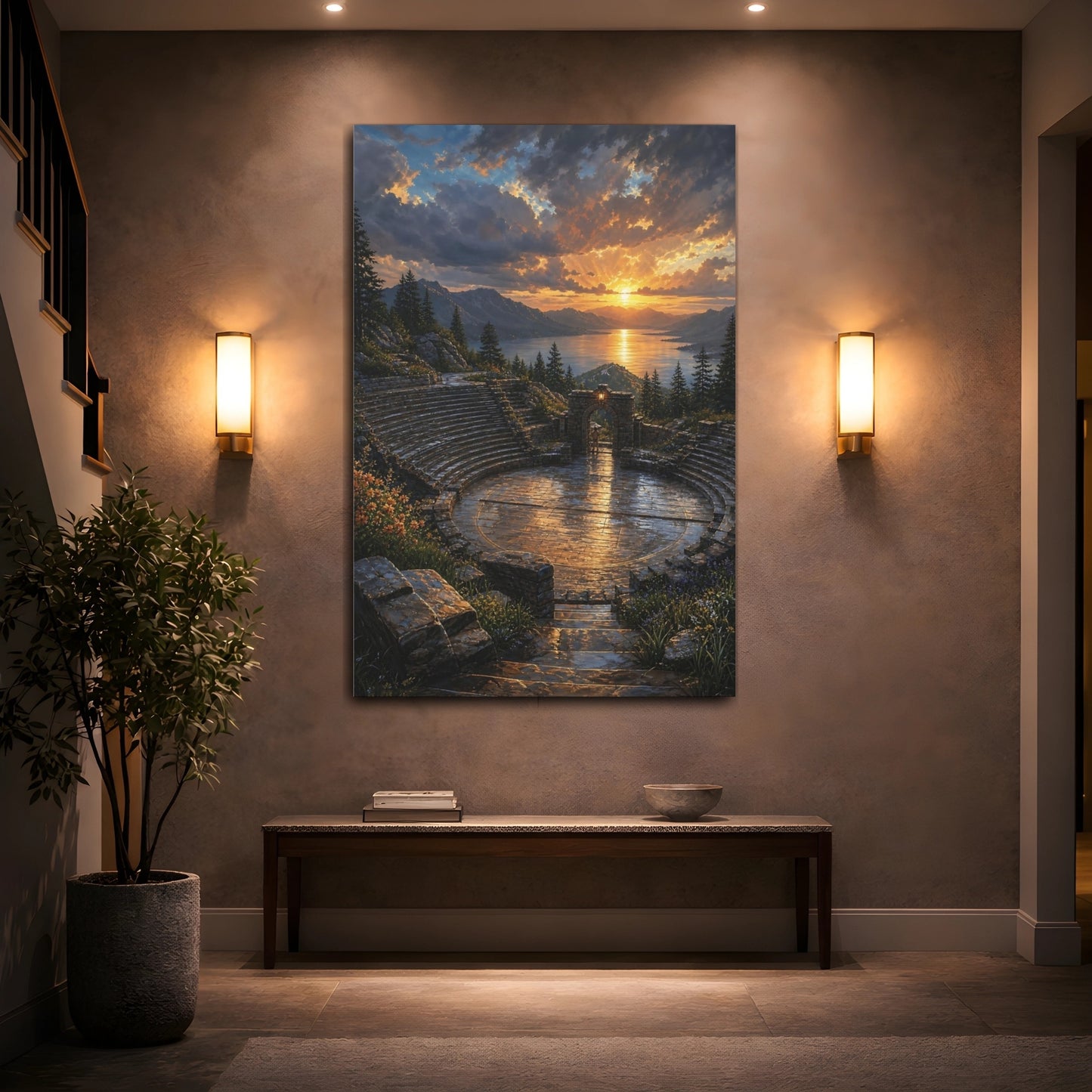 Mockup 2. Nature Ancient Amphitheater Golden Sunset Amphitheater shown as stretched canvas wall art