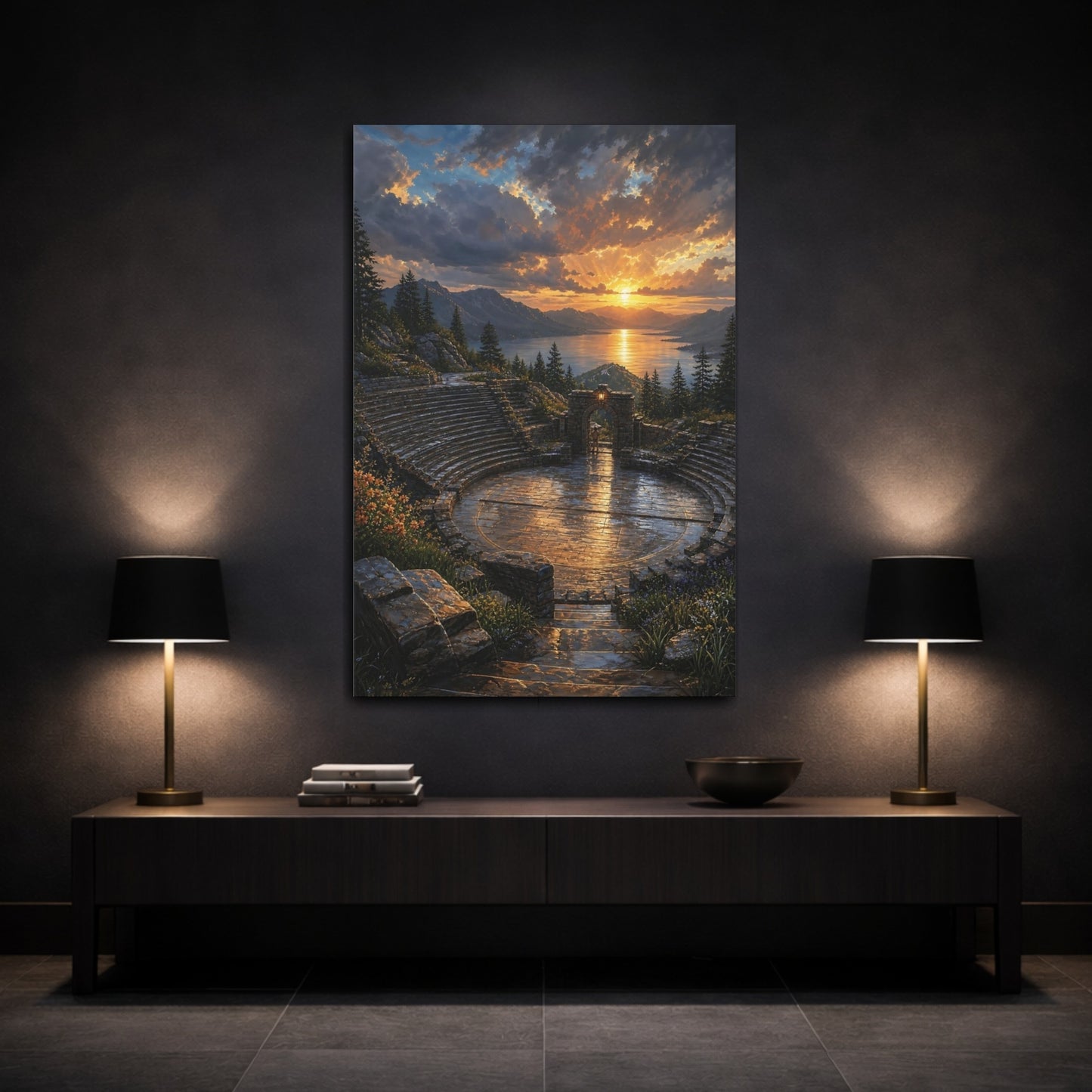 Mockup 3. Nature Ancient Amphitheater Golden Sunset Amphitheater shown as stretched canvas wall art