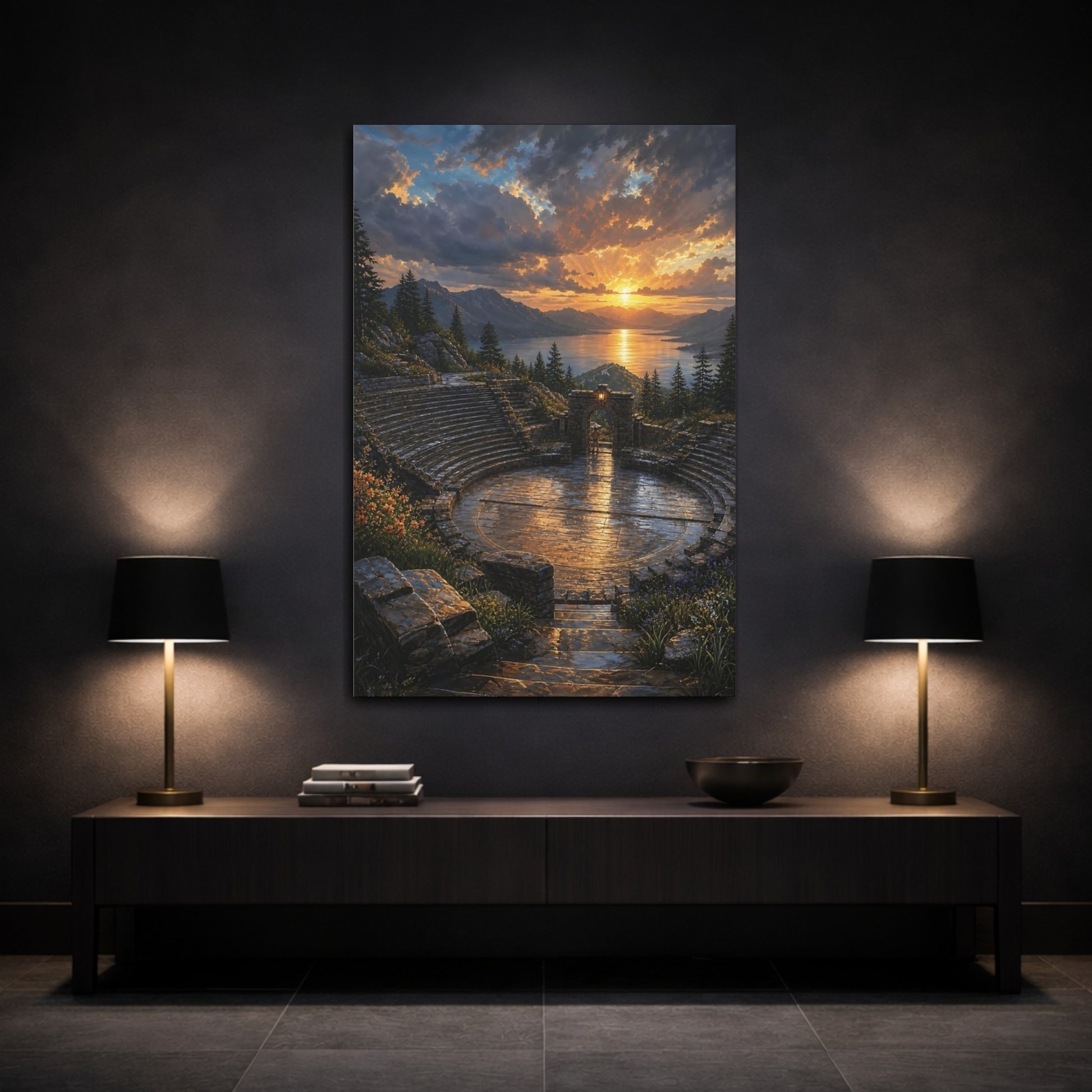 Mockup 3. Nature Ancient Amphitheater Golden Sunset Amphitheater shown as stretched canvas wall art