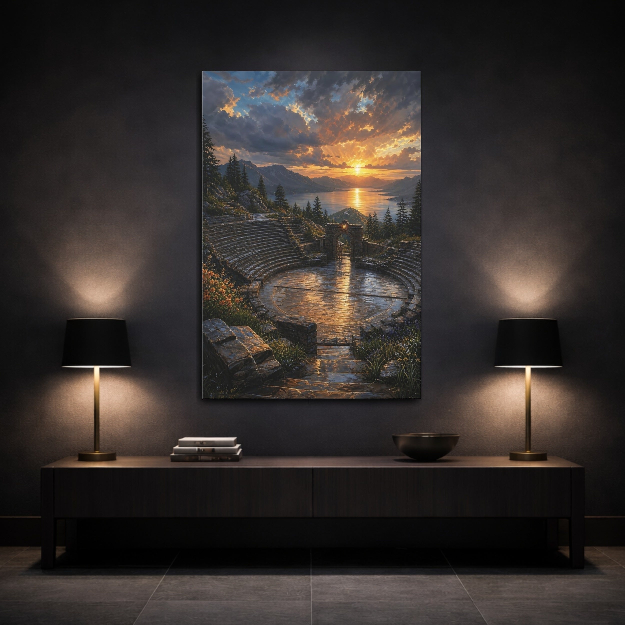 Mockup 3. Nature Ancient Amphitheater Golden Sunset Amphitheater shown as stretched canvas wall art
