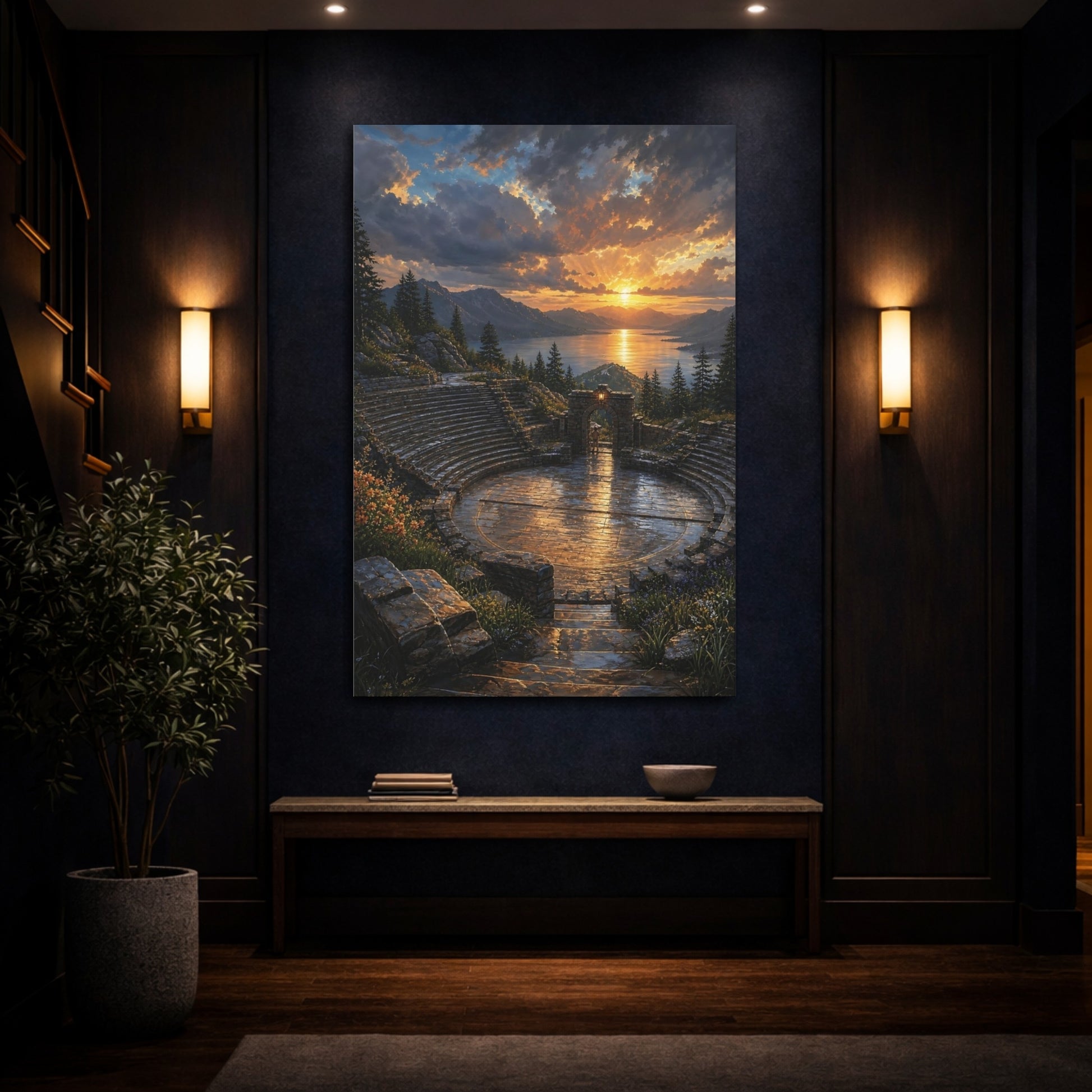 Mockup 4. Nature Ancient Amphitheater Golden Sunset Amphitheater shown as stretched canvas wall art