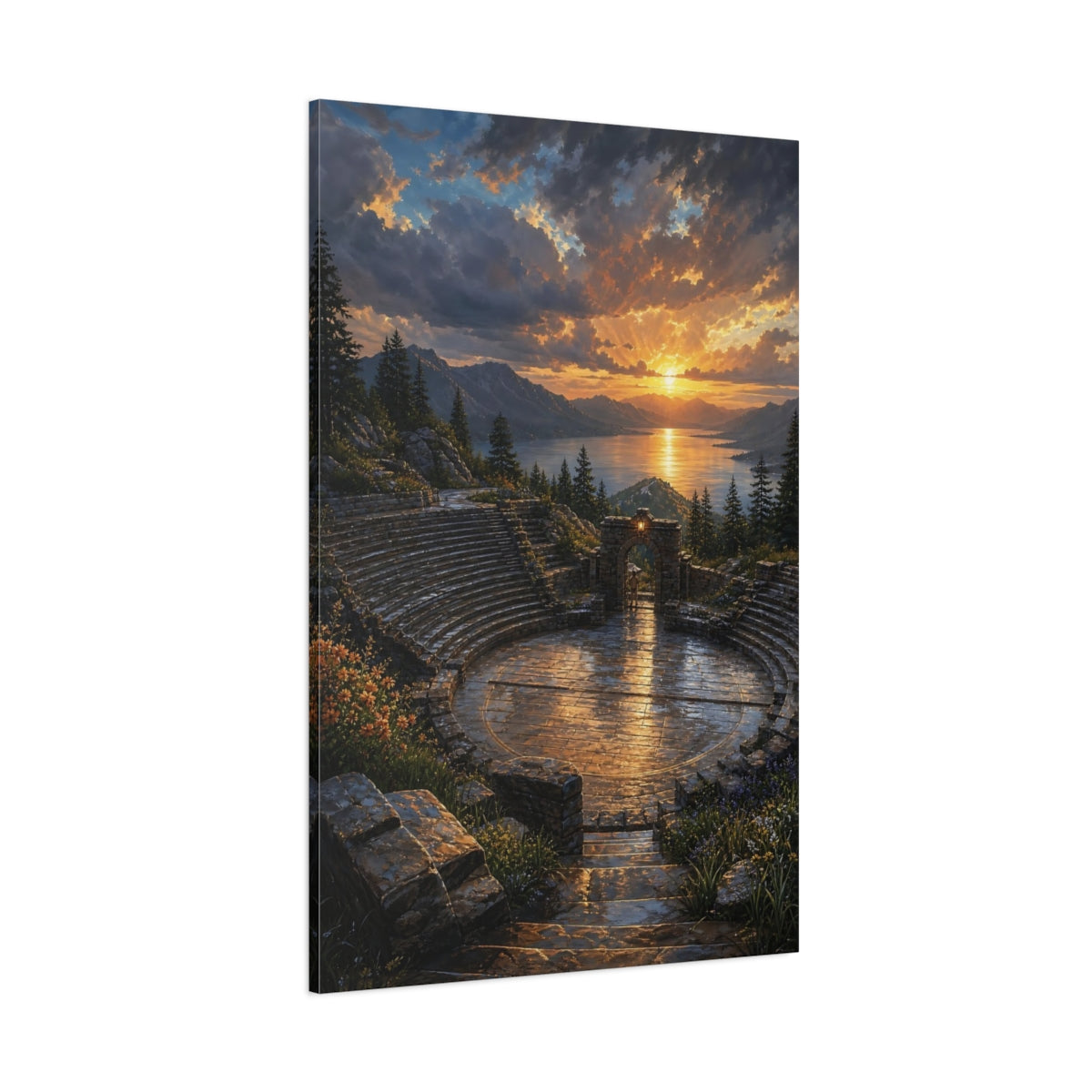 Side Mockup 1. Nature Ancient Amphitheater Golden Sunset Amphitheater shown as stretched canvas wall art