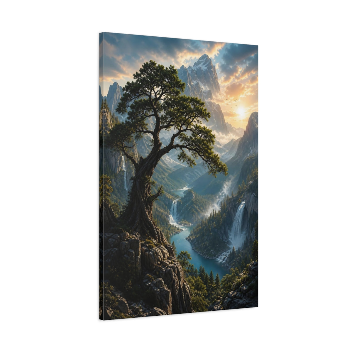 Nature Ancient Tree Mountain Valley Canvas Wall Art Print - Living Room Above Couch shown as canvas wall art