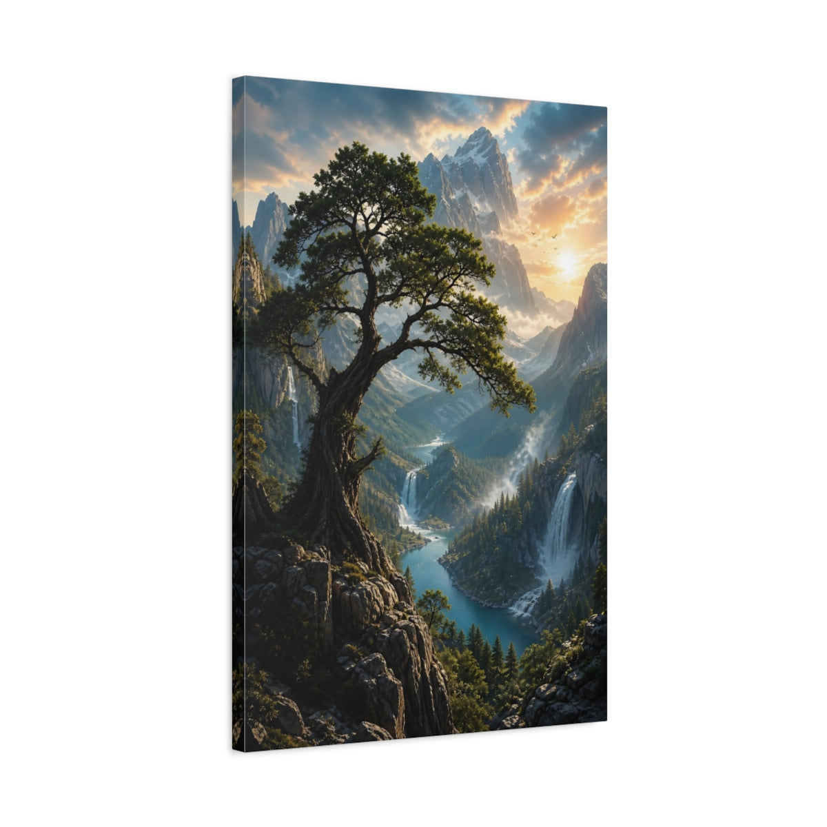 Nature Ancient Tree Mountain Valley Canvas Wall Art Print - Living Room Above Couch shown as canvas wall art