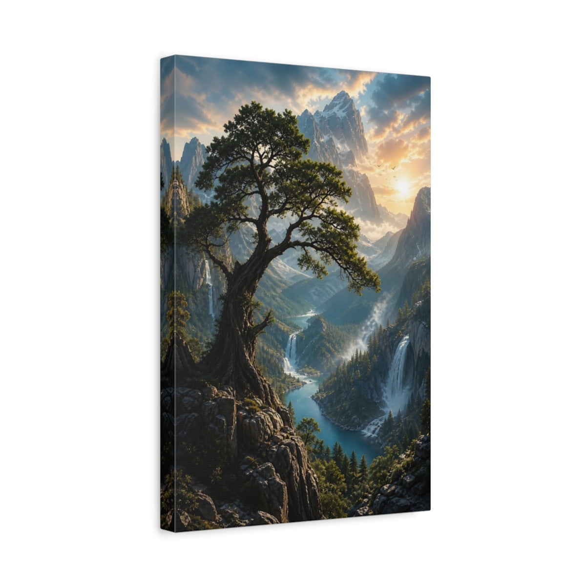 Nature Ancient Tree Mountain Valley Canvas Wall Art Print - Living Room Above Couch shown as canvas wall art
