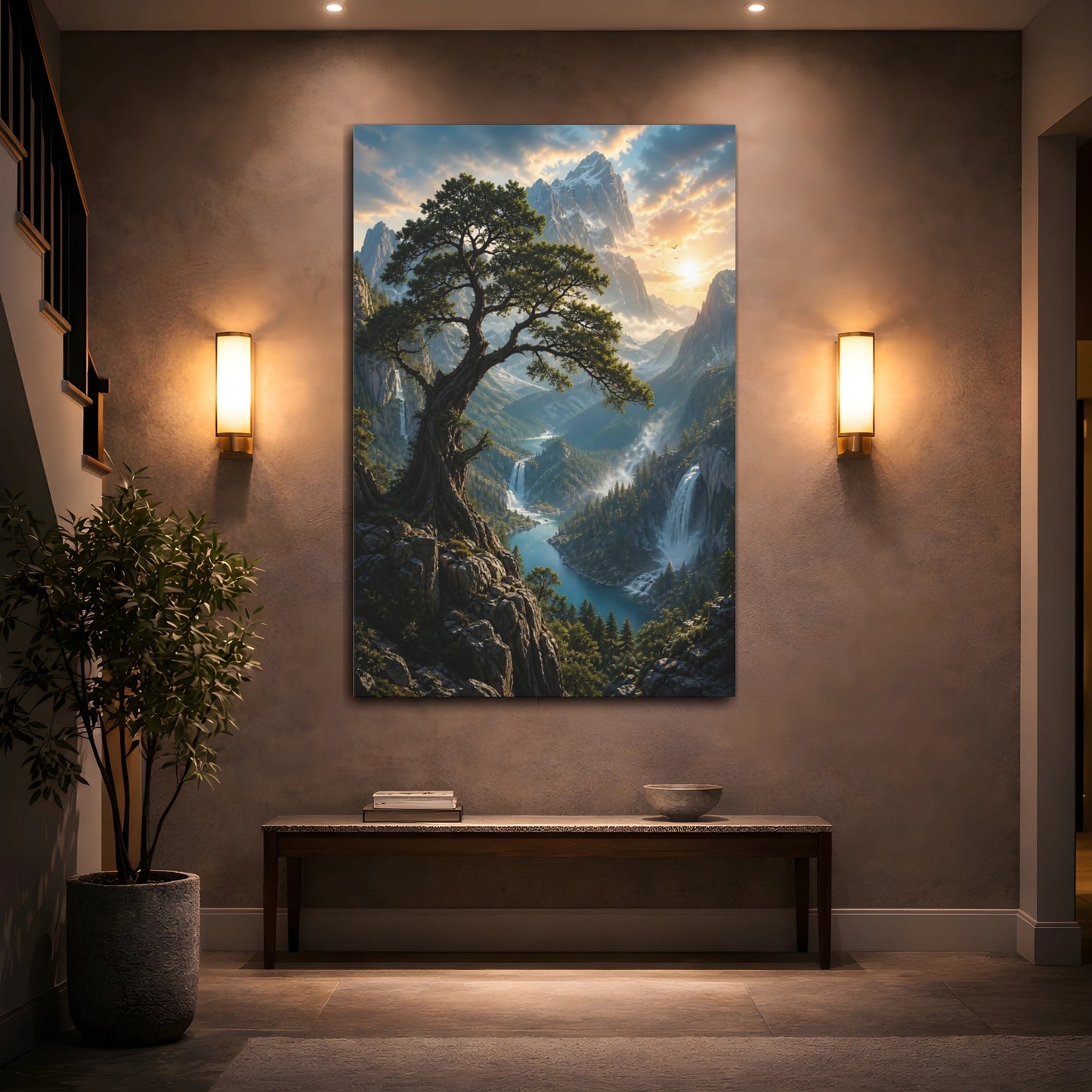 Nature Ancient Tree Mountain Valley Canvas Wall Art Print - Living Room Above Couch shown as canvas wall art