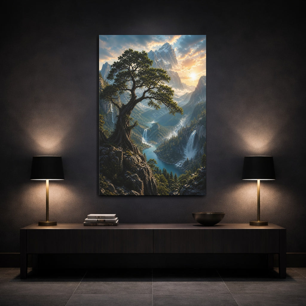 Mockup 3. Nature Ancient Tree Mountain Valley shown as stretched canvas wall art