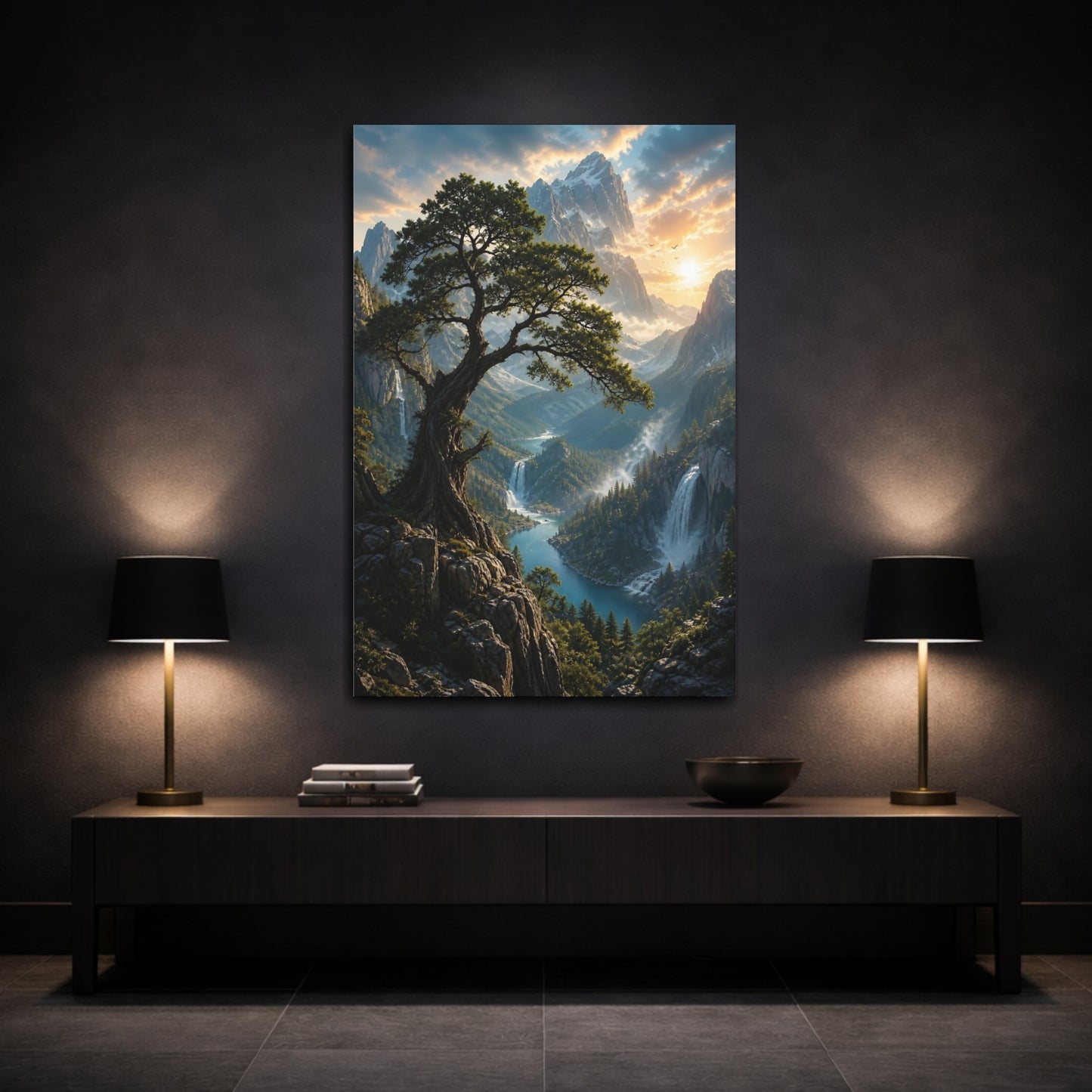 Nature Ancient Tree Mountain Valley Canvas Wall Art Print - Living Room Above Couch shown as canvas wall art
