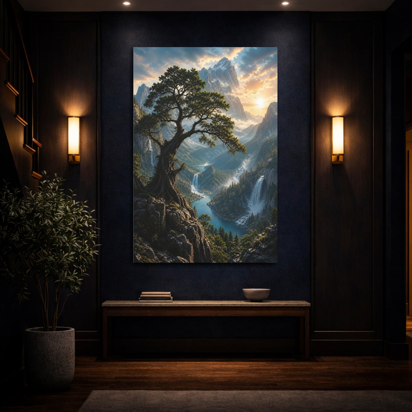 Nature Ancient Tree Mountain Valley Canvas Wall Art Print - Living Room Above Couch shown as canvas wall art
