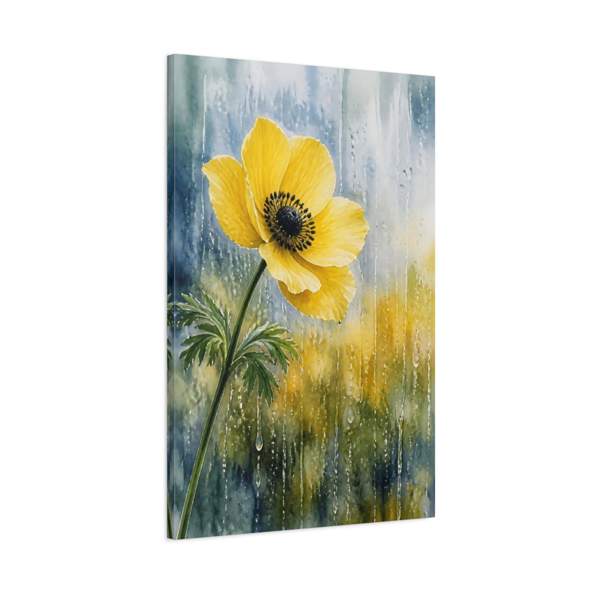 Main Mockup. Nature Anemone Flower Yellow Flower Rain shown as stretched canvas wall art