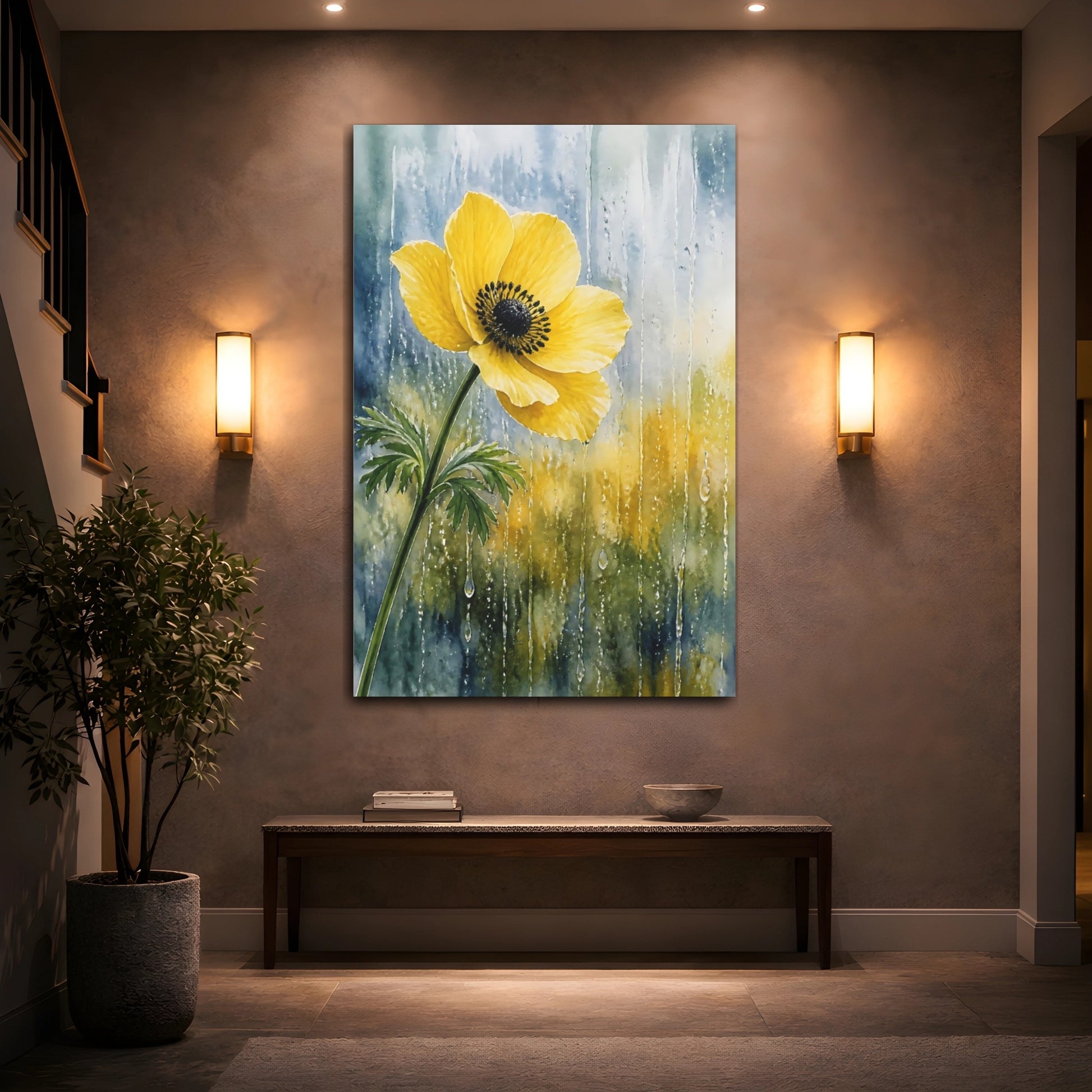 Mockup 2. Nature Anemone Flower Yellow Flower Rain shown as stretched canvas wall art