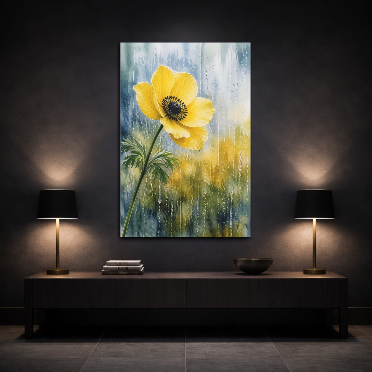 Mockup 3. Nature Anemone Flower Yellow Flower Rain shown as stretched canvas wall art