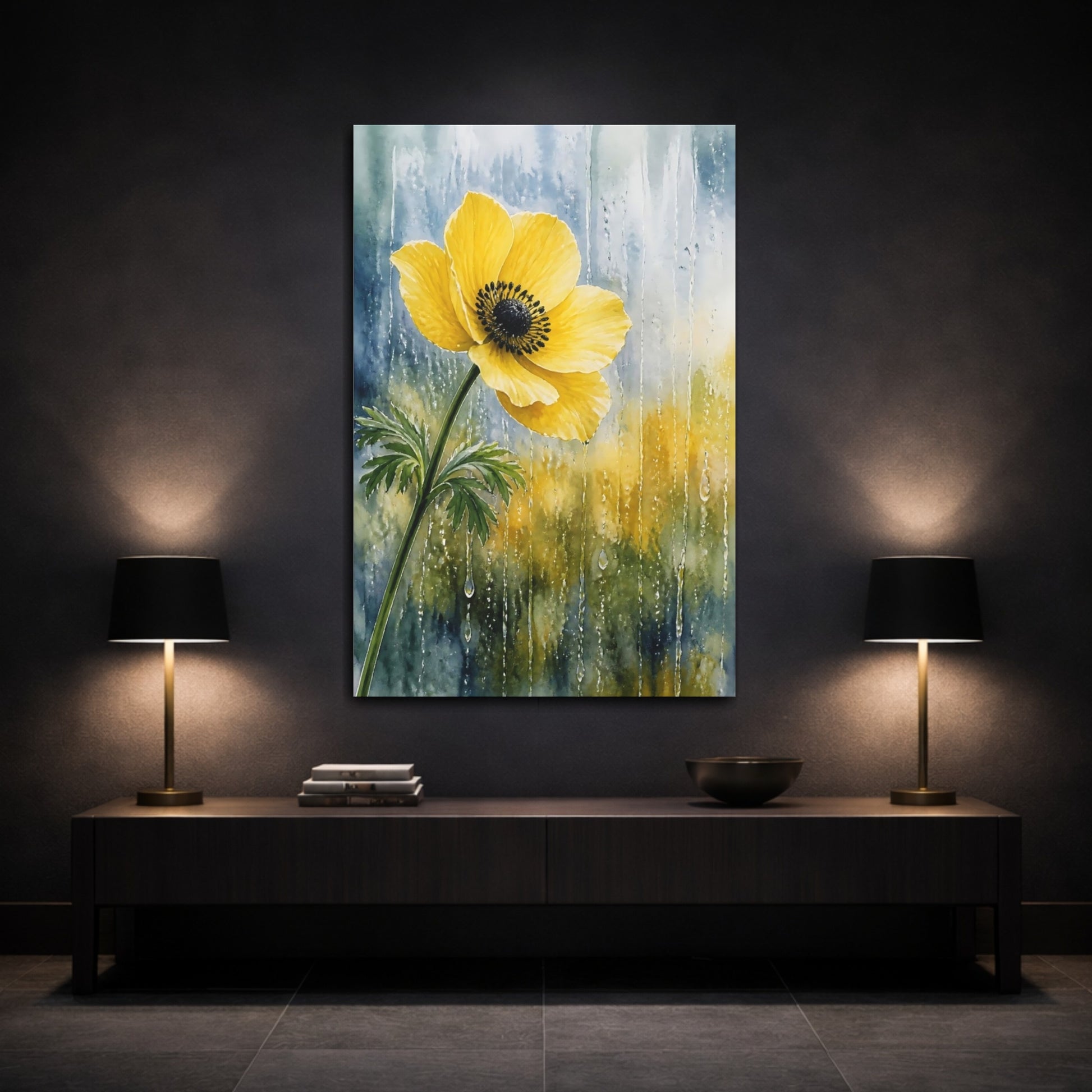 Mockup 3. Nature Anemone Flower Yellow Flower Rain shown as stretched canvas wall art