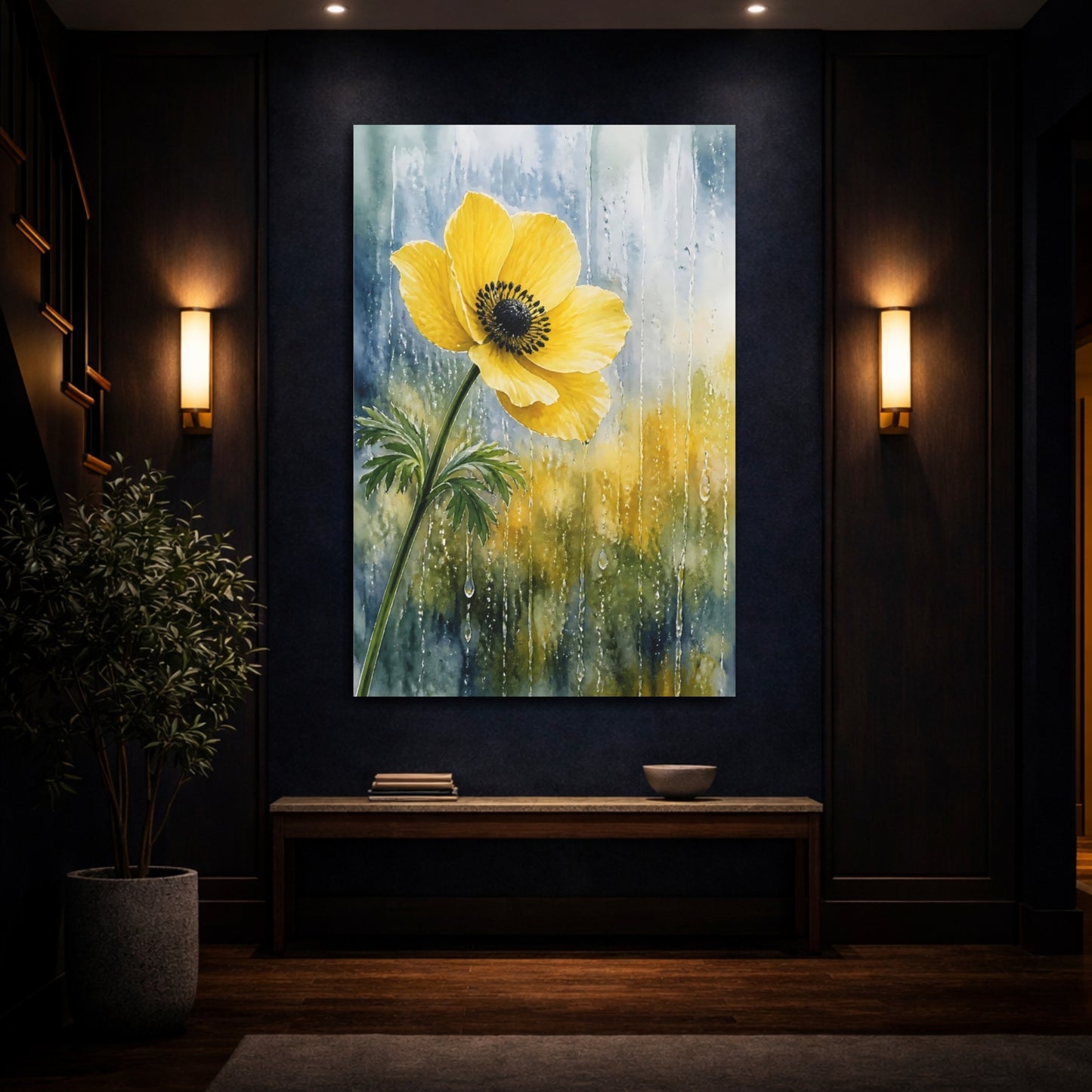 Mockup 4. Nature Anemone Flower Yellow Flower Rain shown as stretched canvas wall art