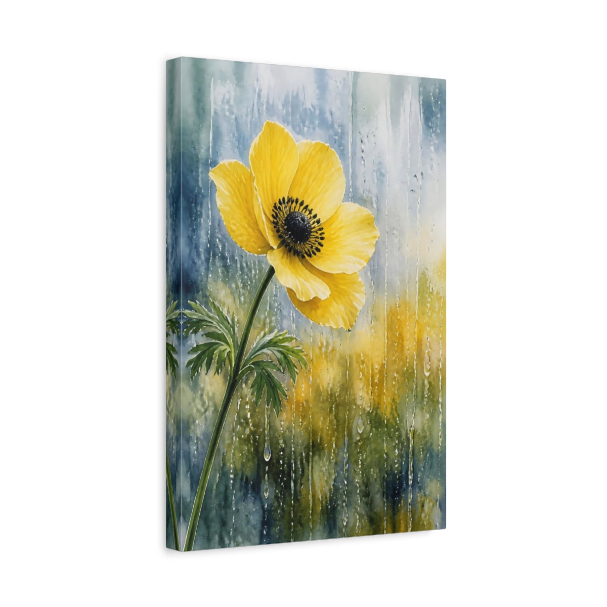 Side Mockup 4. Nature Anemone Flower Yellow Flower Rain shown as stretched canvas wall art