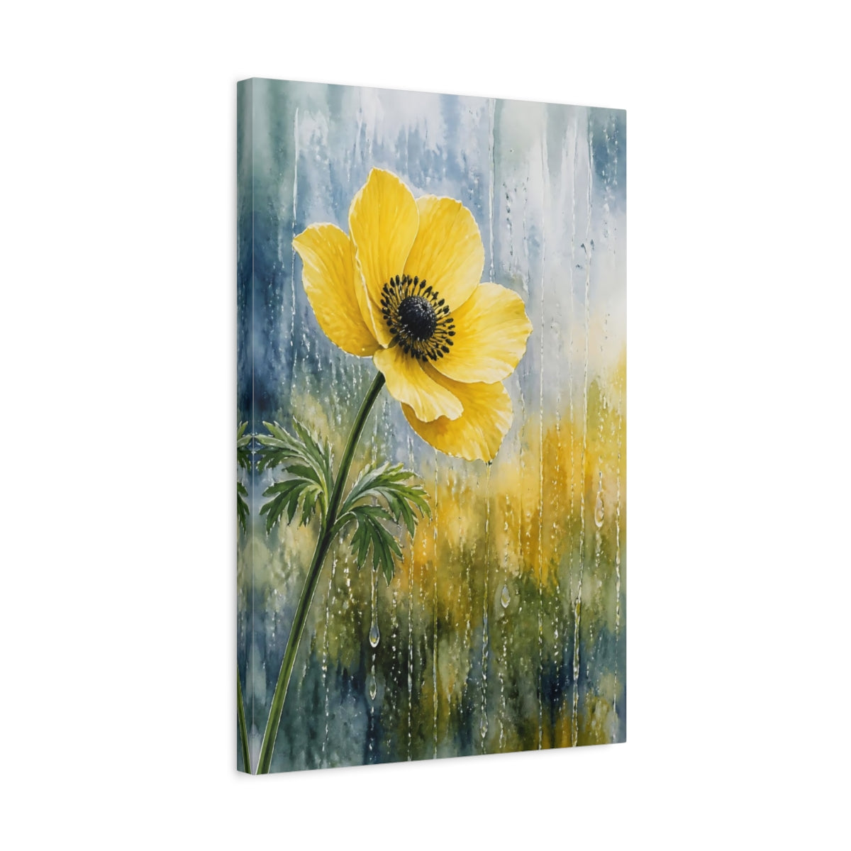 Side Mockup 3. Nature Anemone Flower Yellow Flower Rain shown as stretched canvas wall art