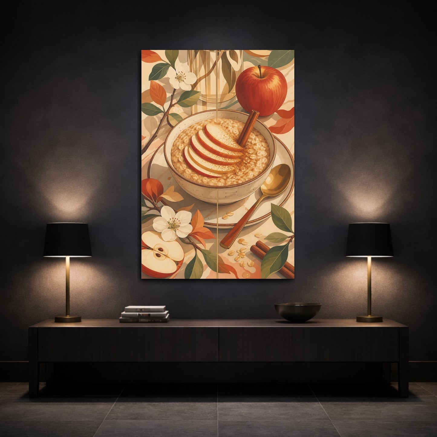 Mockup 3. Nature Apple Oatmeal Apple Cinnamon Art shown as stretched canvas wall art