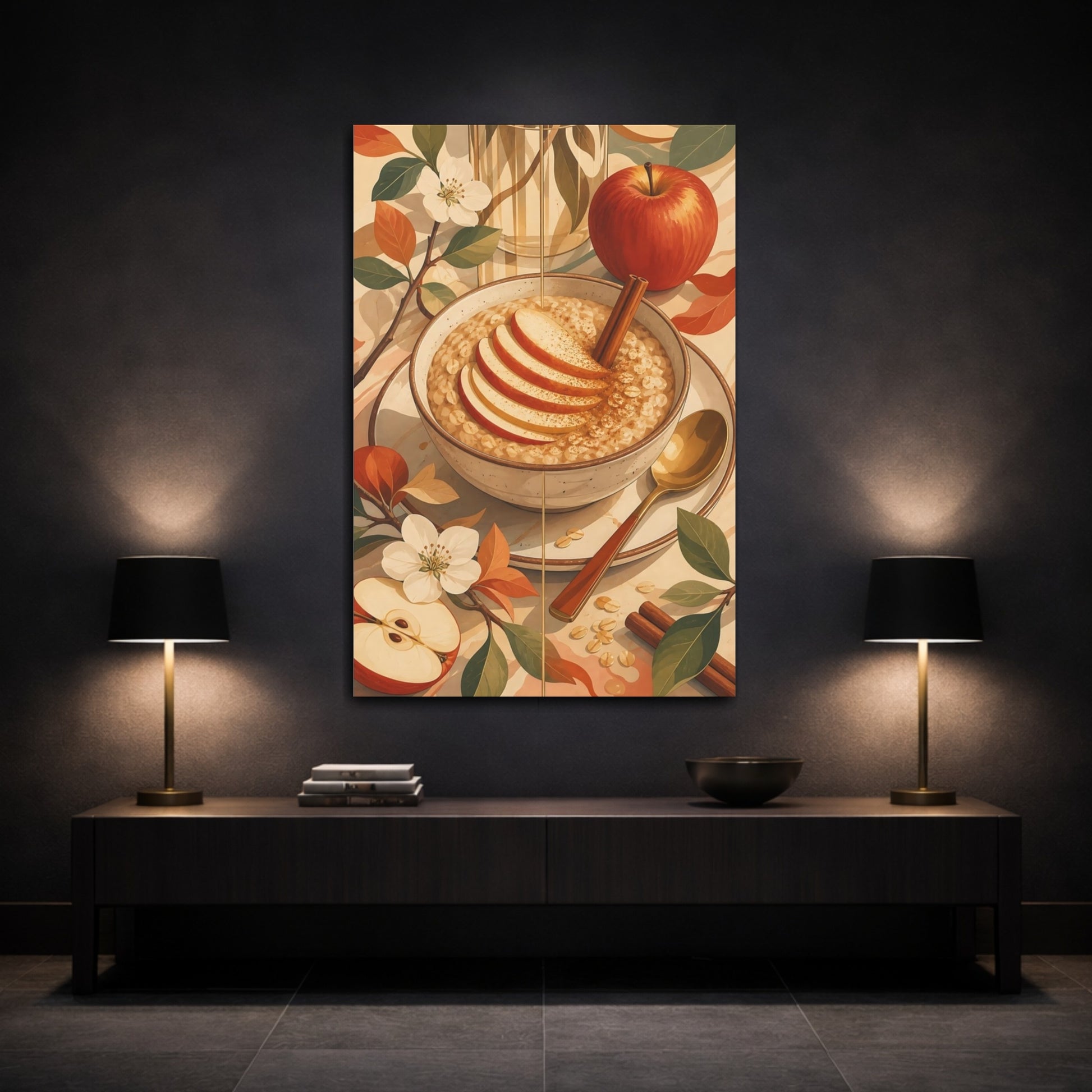 Mockup 3. Nature Apple Oatmeal Apple Cinnamon Art shown as stretched canvas wall art
