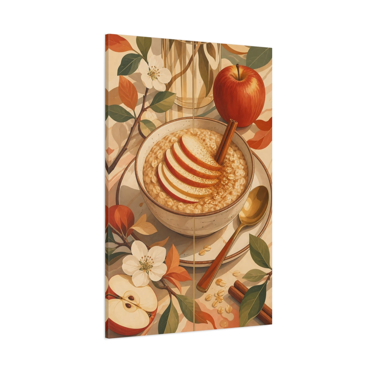 Side Mockup 1. Nature Apple Oatmeal Apple Cinnamon Art shown as stretched canvas wall art