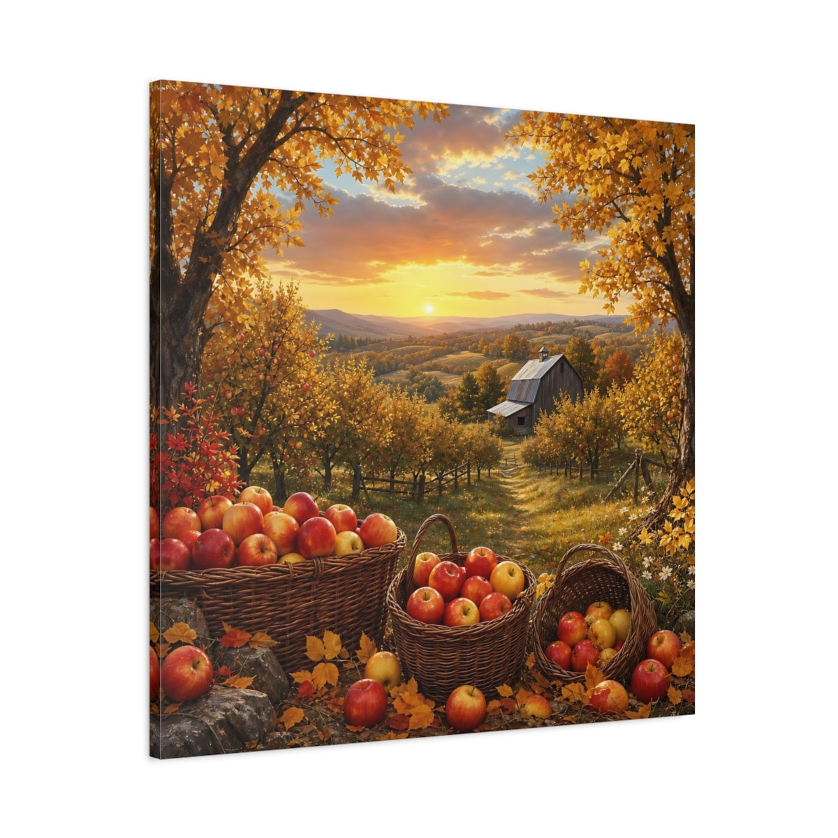 Main Mockup. Nature Apple Orchard Autumn Apples Landscape shown as stretched canvas wall art