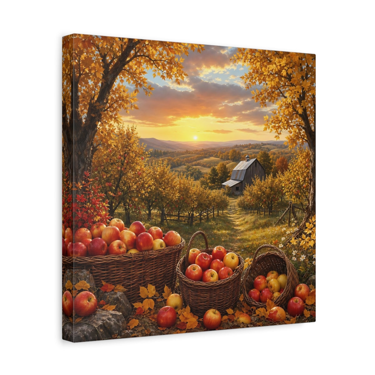 Side Mockup 7. Nature Apple Orchard Autumn Apples Landscape shown as stretched canvas wall art