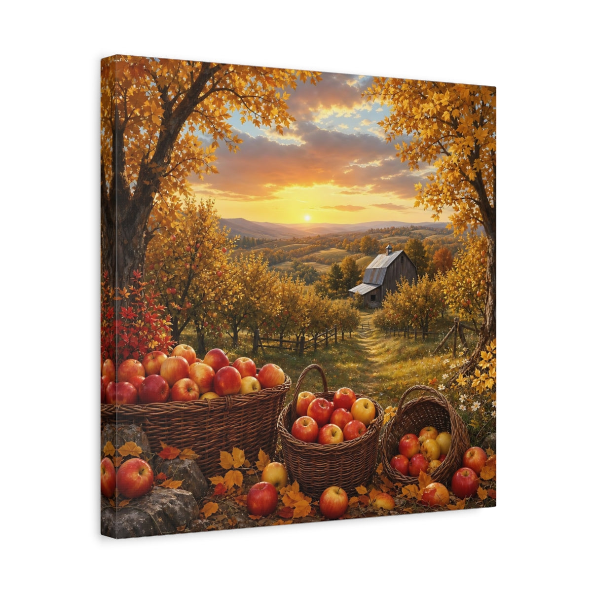 Side Mockup 6. Nature Apple Orchard Autumn Apples Landscape shown as stretched canvas wall art