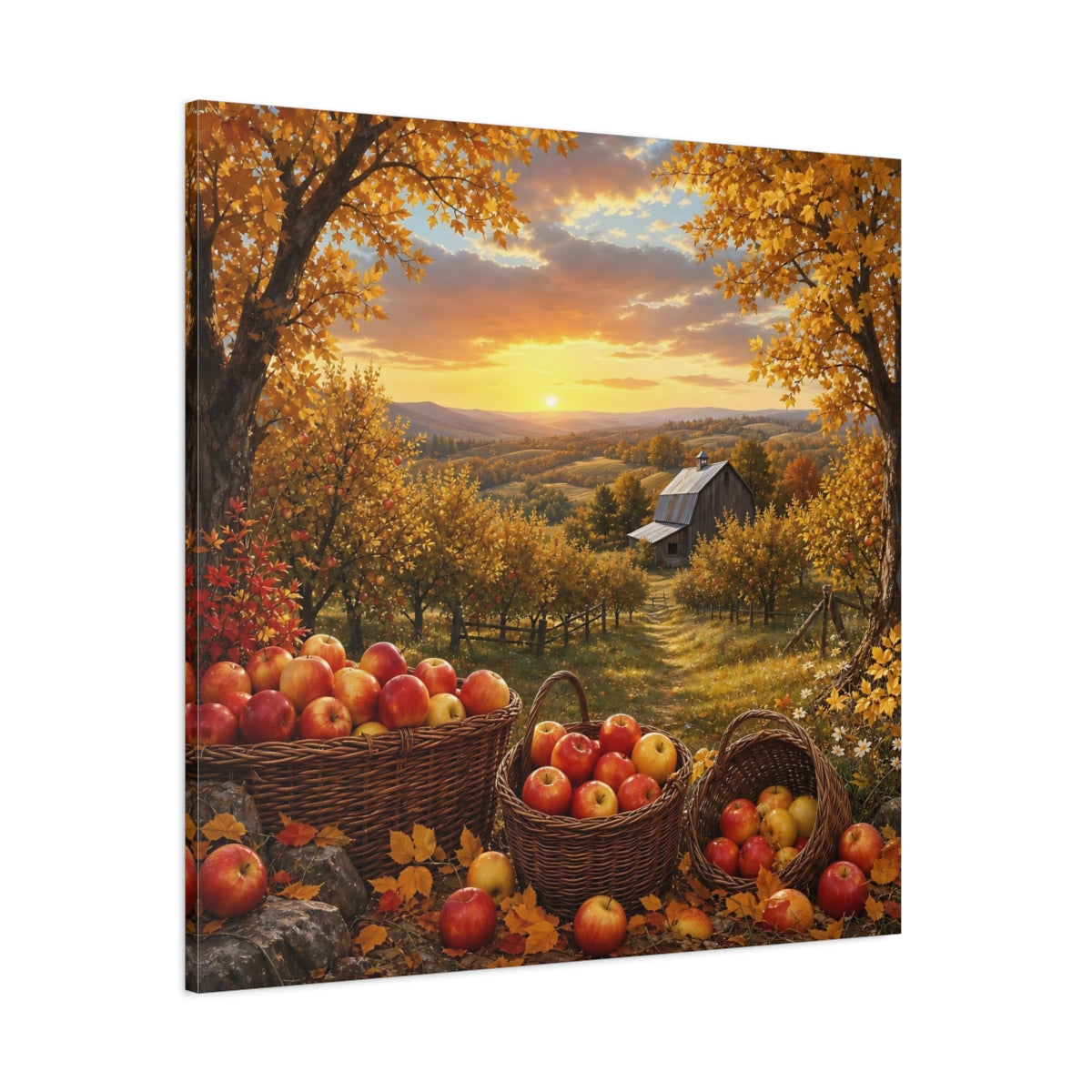 Side Mockup 1. Nature Apple Orchard Autumn Apples Landscape shown as stretched canvas wall art