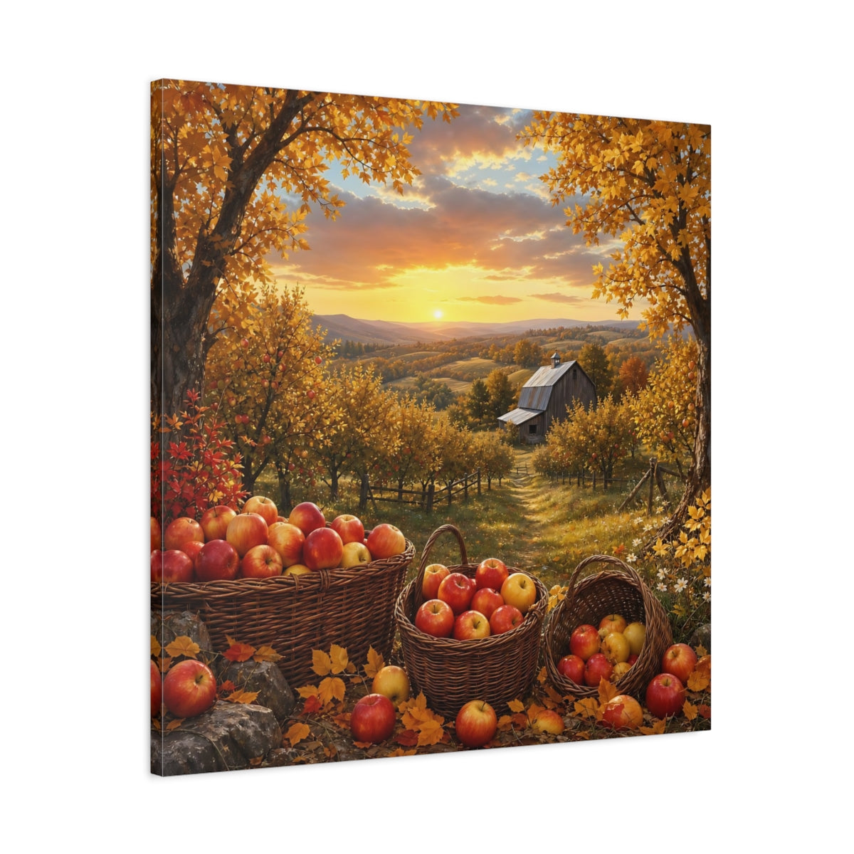 Side Mockup 3. Nature Apple Orchard Autumn Apples Landscape shown as stretched canvas wall art