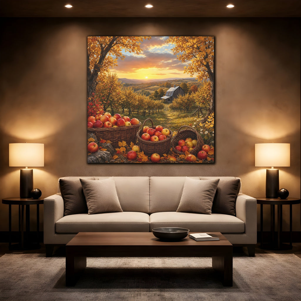 Mockup 2. Nature Apple Orchard Autumn Apples Landscape shown as stretched canvas wall art