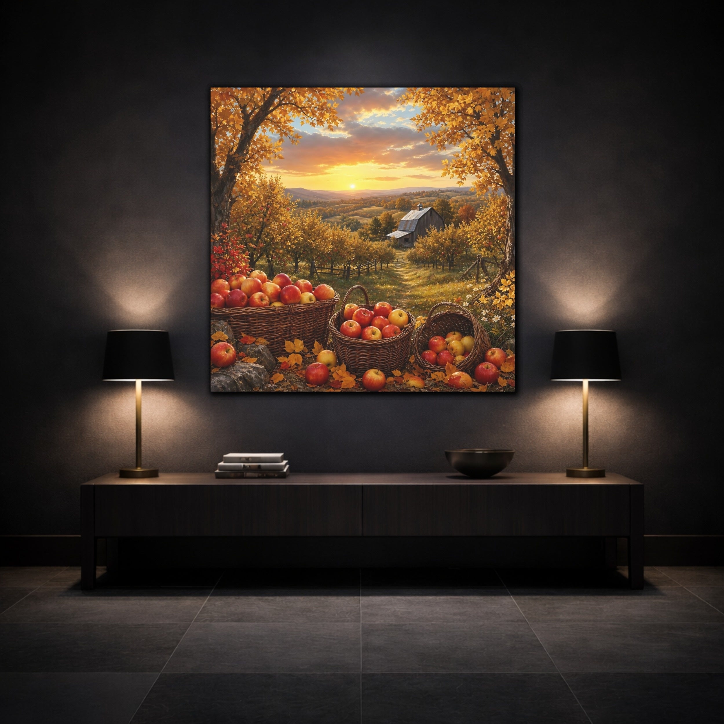 Mockup 3. Nature Apple Orchard Autumn Apples Landscape shown as stretched canvas wall art