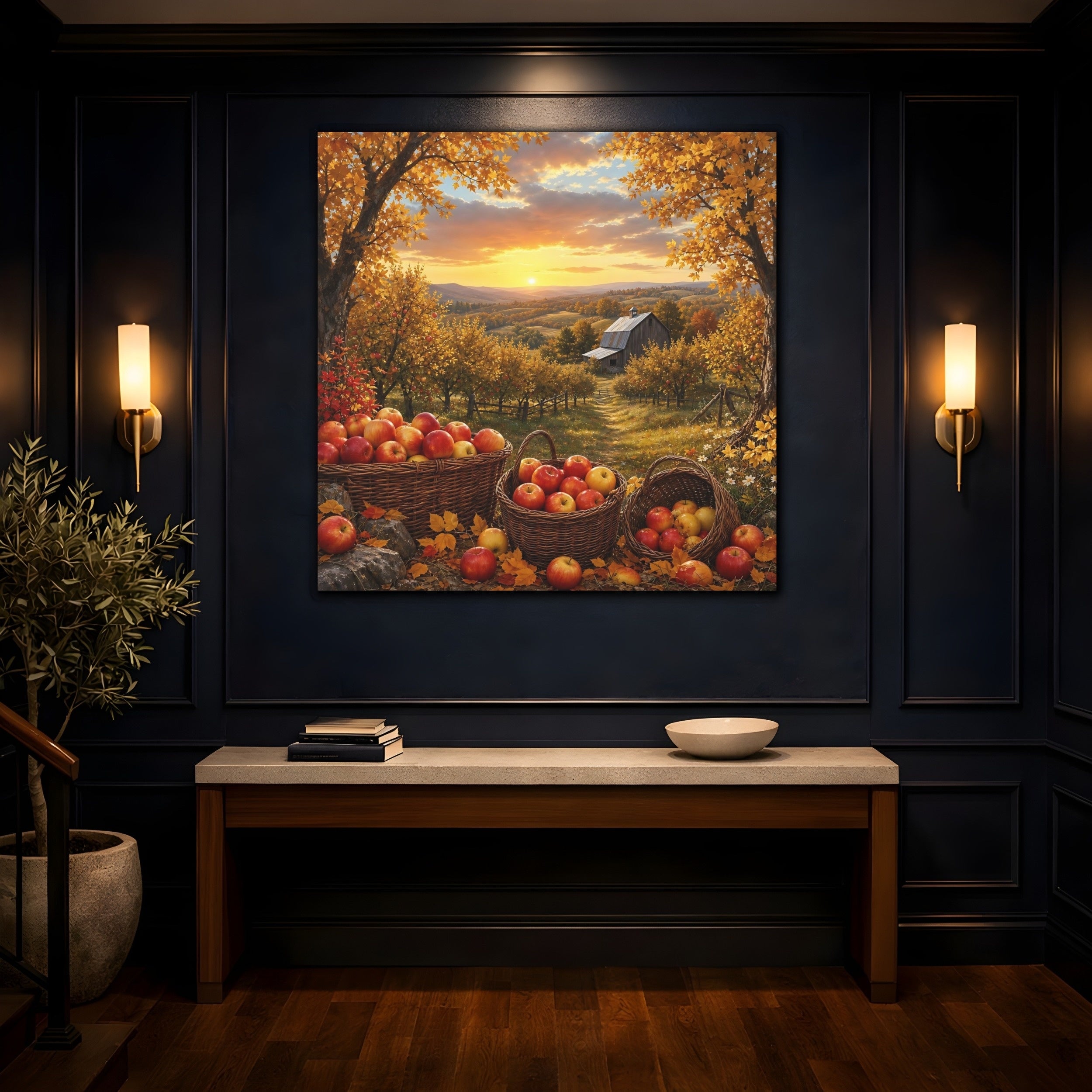Mockup 4. Nature Apple Orchard Autumn Apples Landscape shown as stretched canvas wall art