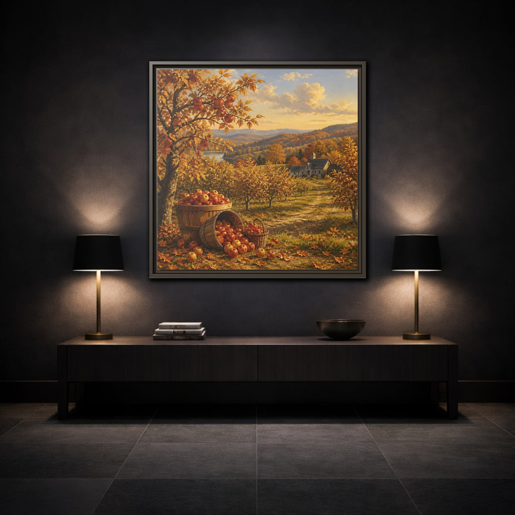 Mockup 3. Nature Apple Orchard Autumn Landscape shown as stretched canvas wall art