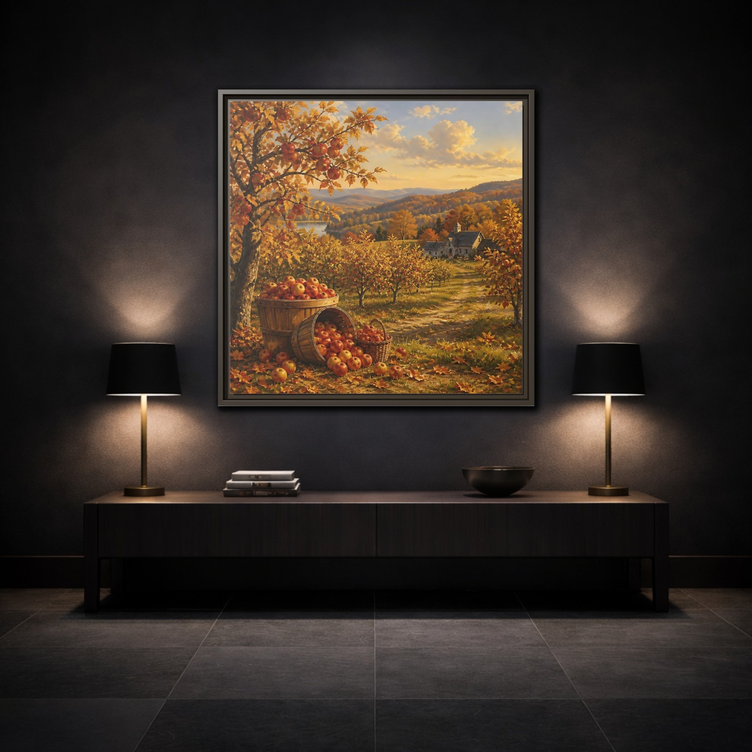 Mockup 3. Nature Apple Orchard Autumn Landscape shown as stretched canvas wall art