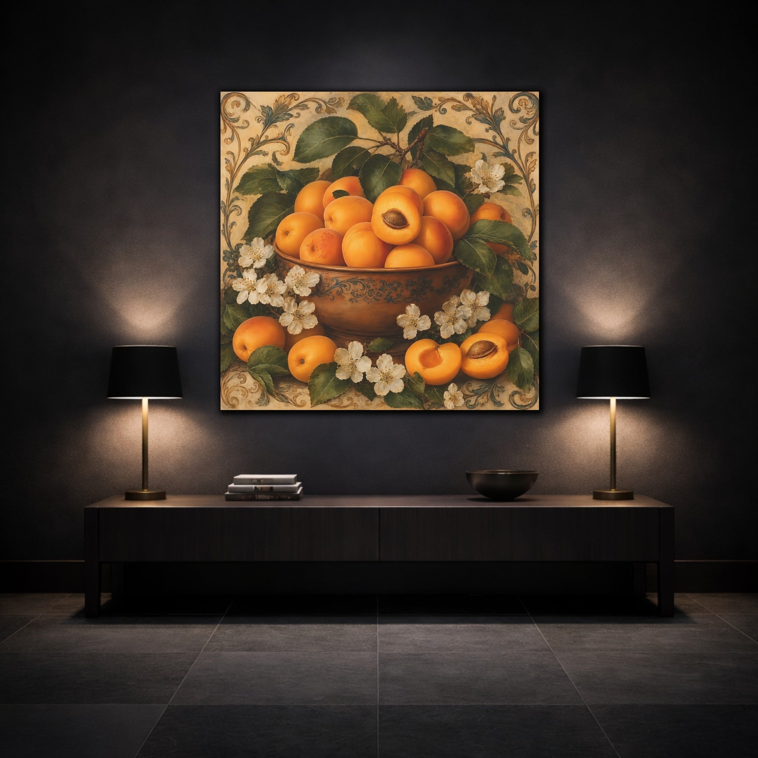 Mockup 3. Nature Apricots Orange Apricot shown as stretched canvas wall art