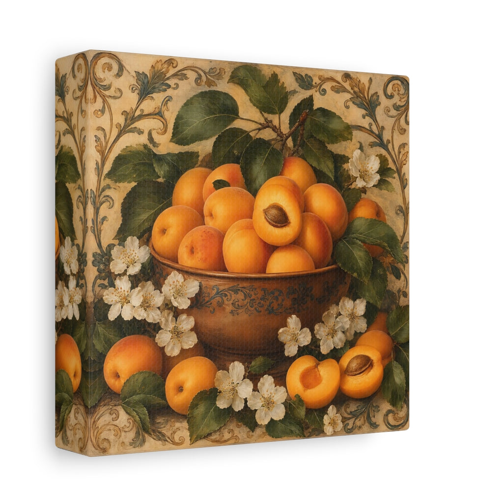 Side Mockup 2. Nature Apricots Orange Apricot shown as stretched canvas wall art